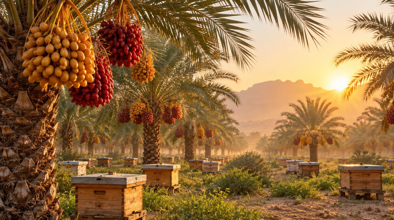 خلايا نحل خشب بين نخيل محمّل بعذوق التمر، والشمس طالعة ورا الجبال
